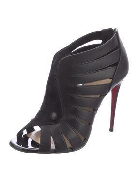 Christian Louboutin Black Strappy Open-Toe High Heel Bootie with Red Sole